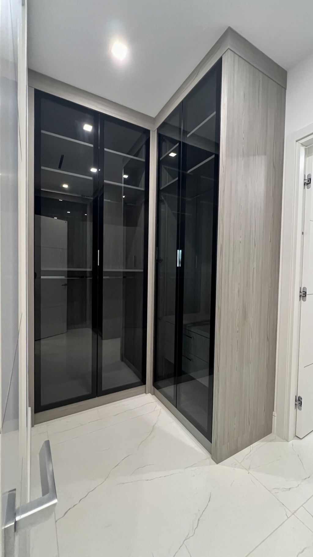 Walk-in closet with floor-to-ceiling glass-front cabinetry and display lighting