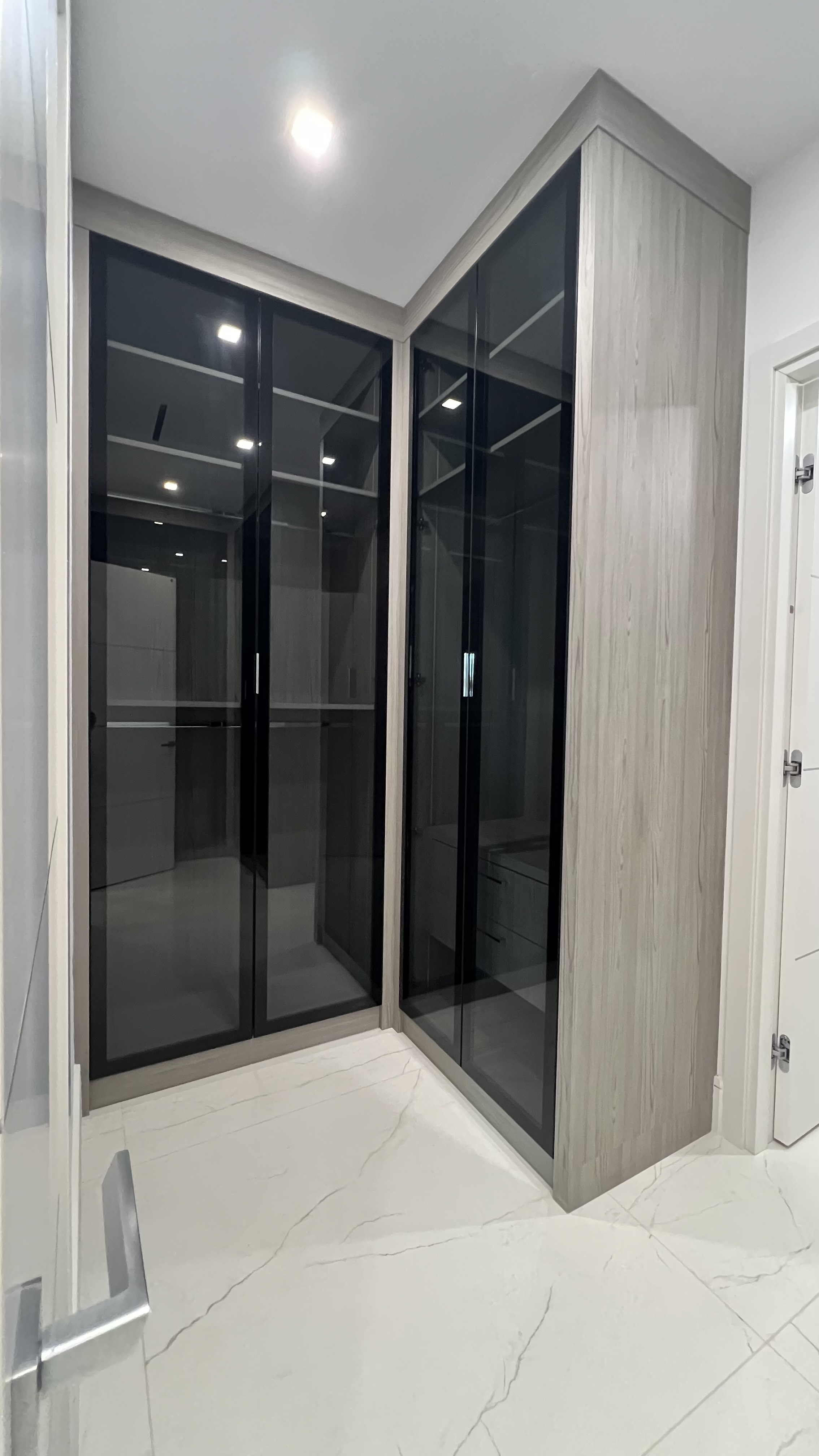 Walk-in closet with floor-to-ceiling glass-front cabinetry and display lighting